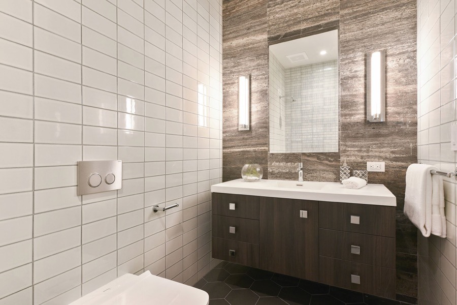 Broadway Bathroom Three Featuring Modern Floating Vanity, Mirror And Tiled Walls