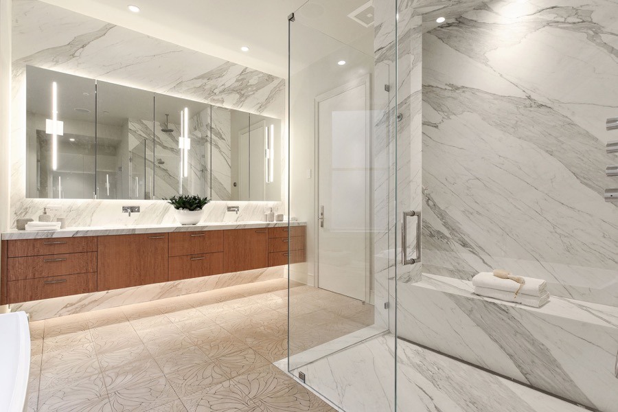 Broadway Second Bathroom With Walk-in Glass Panel Shower, Generous Mirrors, Elegant Floating Vanity And Floral Tiling