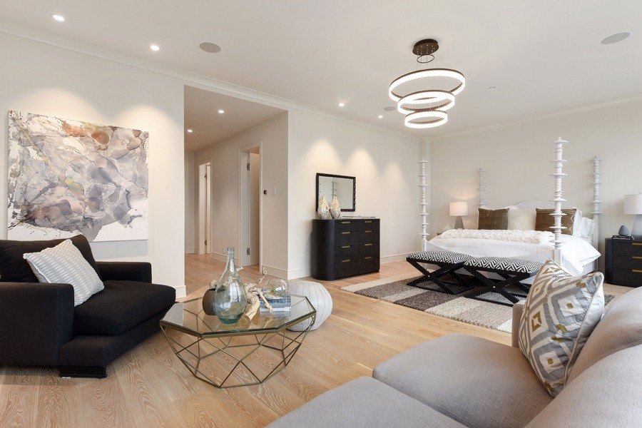 Broadway Large Master Bedroom With Coffee Table, Lounging Space And Modern Overhead Lighting