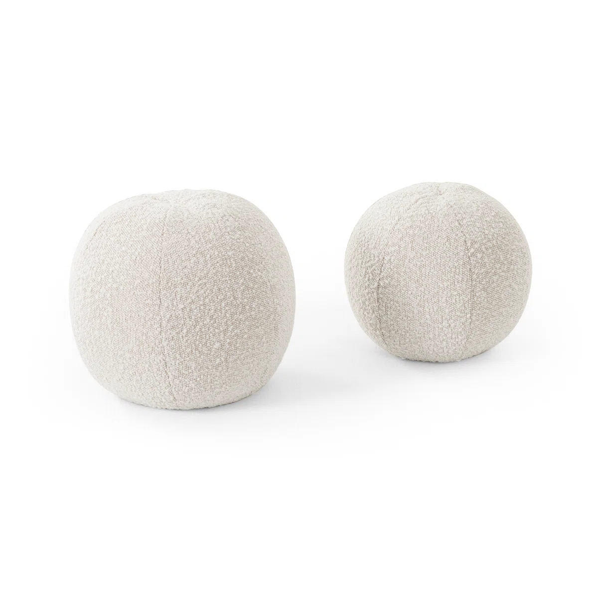 Two round, off-white textured poufs are placed on a plain white background. The poufs are different sizes, with one larger and one smaller, both having a soft, fabric-like surface.
