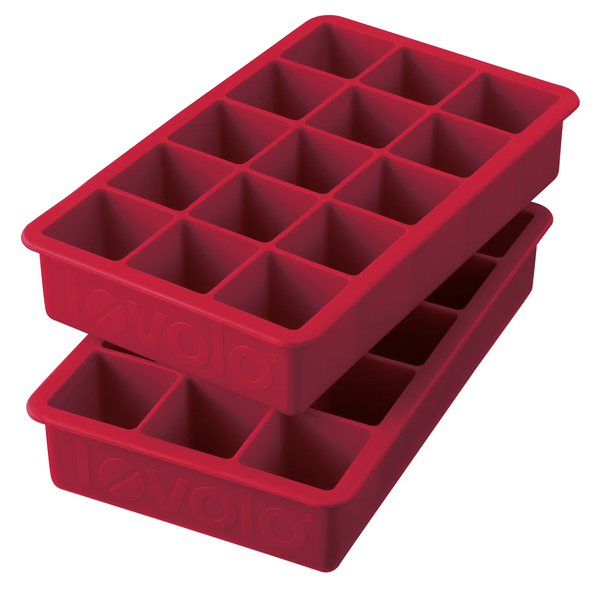 Two stacked red silicone ice cube trays, each with sixteen large square compartments, viewed at an angle.