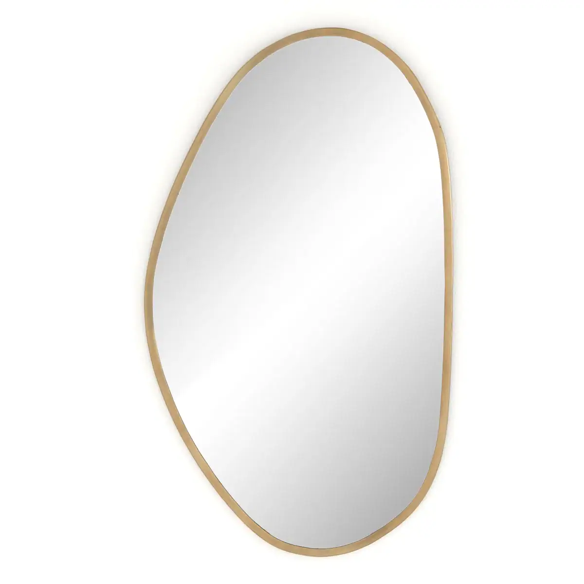 Irregularly shaped wall mirror with a thin, light wood frame, shown against a plain white background.