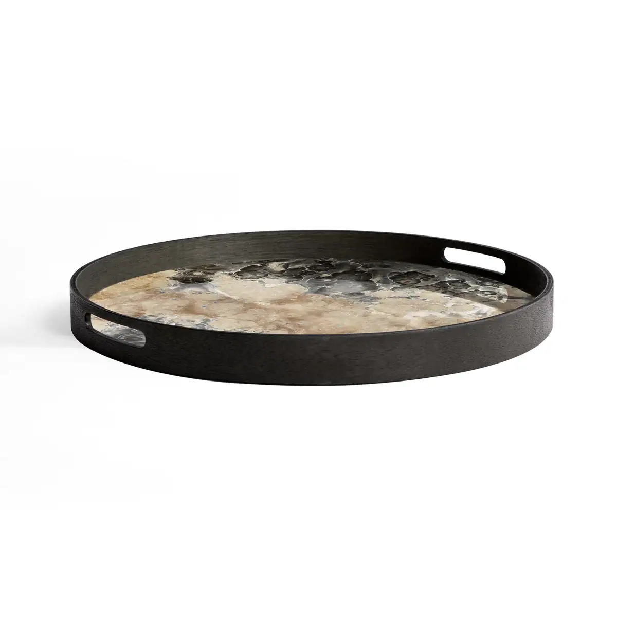 Round serving tray with a black frame, two cutout handles, and a glossy, marbled surface in shades of beige, brown, and dark gray. The tray is placed on a white background.