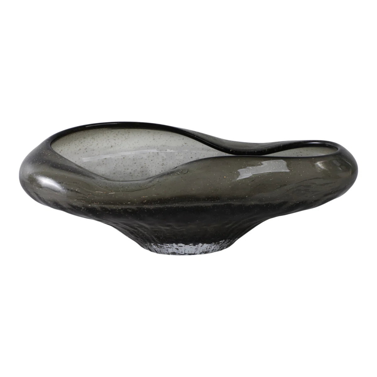 A dark, glossy, asymmetrical glass bowl with a smooth, organic shape and a dipped center, resembling a modern art sculpture.