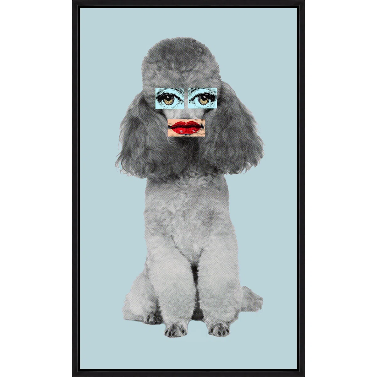 A gray poodle sits against a light blue background. The poodle's face is replaced with a surreal collage featuring cartoonish blue eyes and red lips.