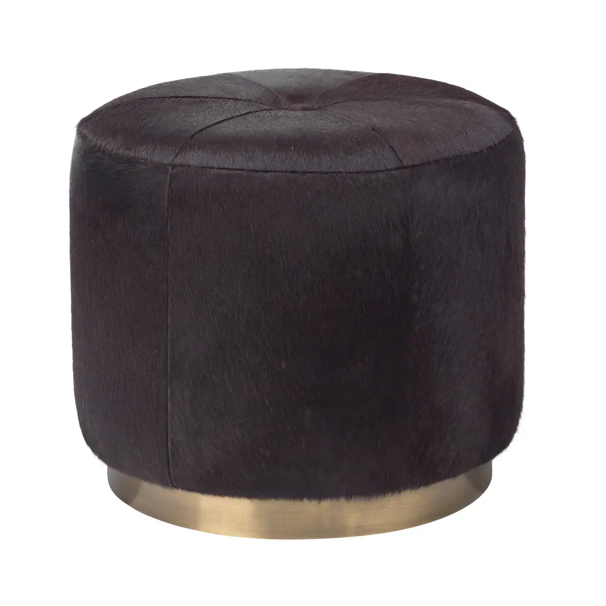 A round, dark brown upholstered ottoman with a subtle sheen and a gold-colored metal base, set against a plain white background.