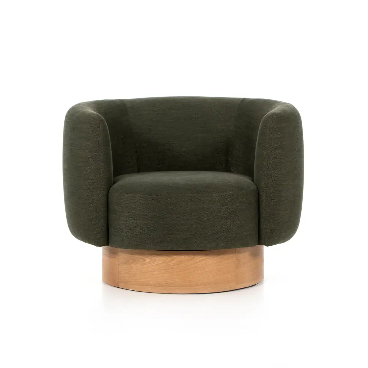 A modern, dark green upholstered armchair with rounded edges and a wide seat sits on a circular wooden base against a white background.