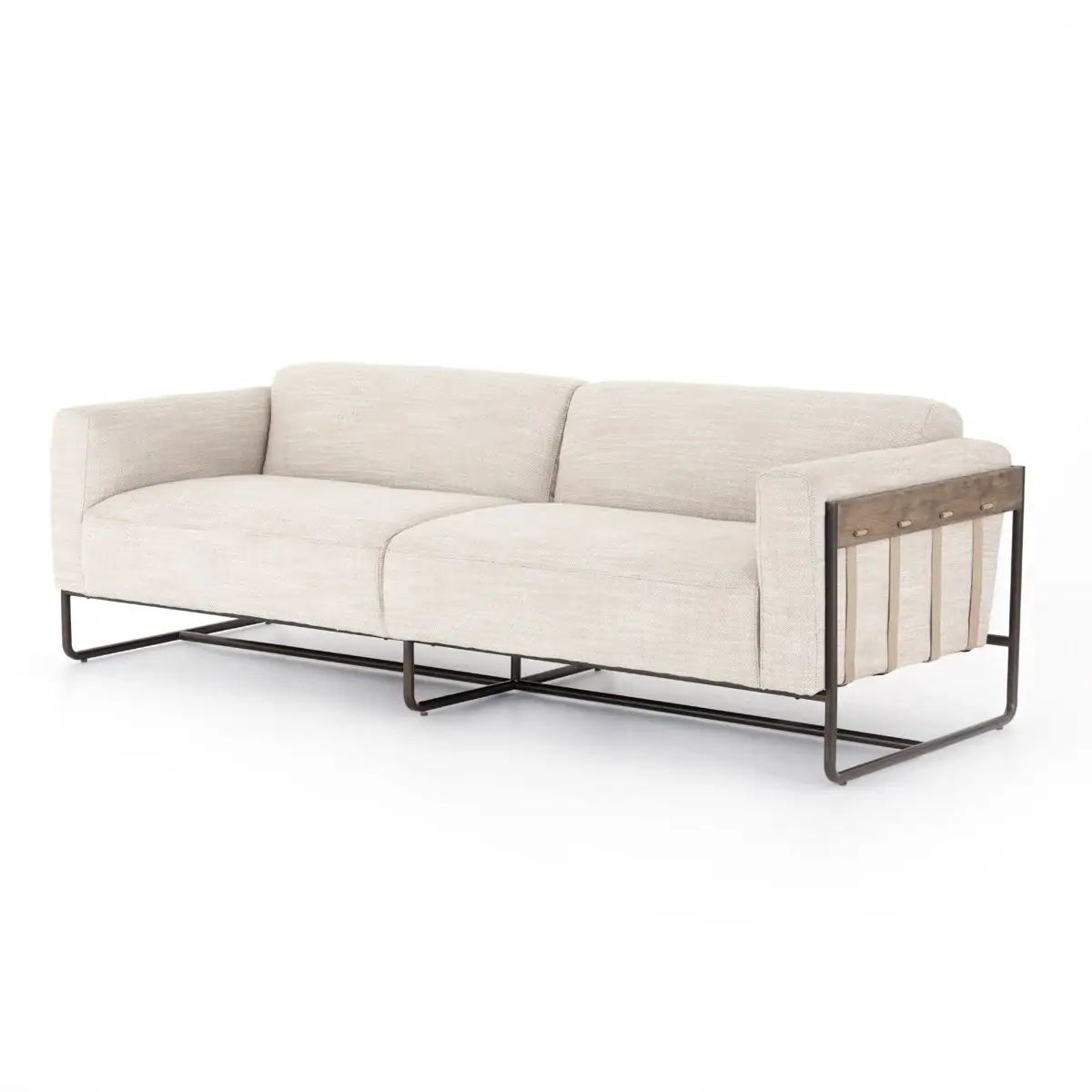 A modern beige fabric sofa with wide armrests, a low back, and a minimalist black metal frame with wood accents on the sides, set against a white background.