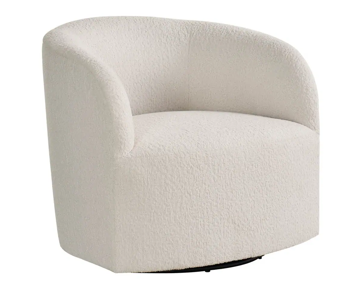 A modern, upholstered swivel chair with a curved backrest and rounded arms, covered in a textured, off-white fabric.