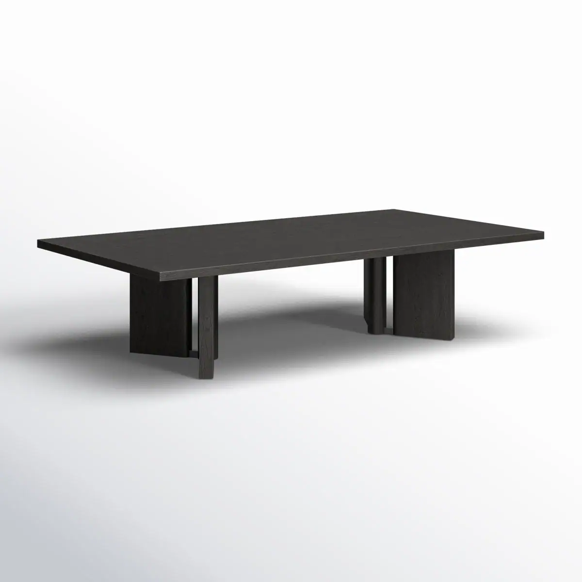 A modern rectangular black coffee table with a flat top and two wide, block-style legs, placed on a gradient white and gray background.