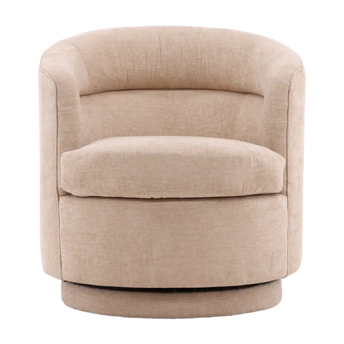 A beige upholstered swivel chair with a curved backrest and plush seat cushion, viewed from the front against a white background.