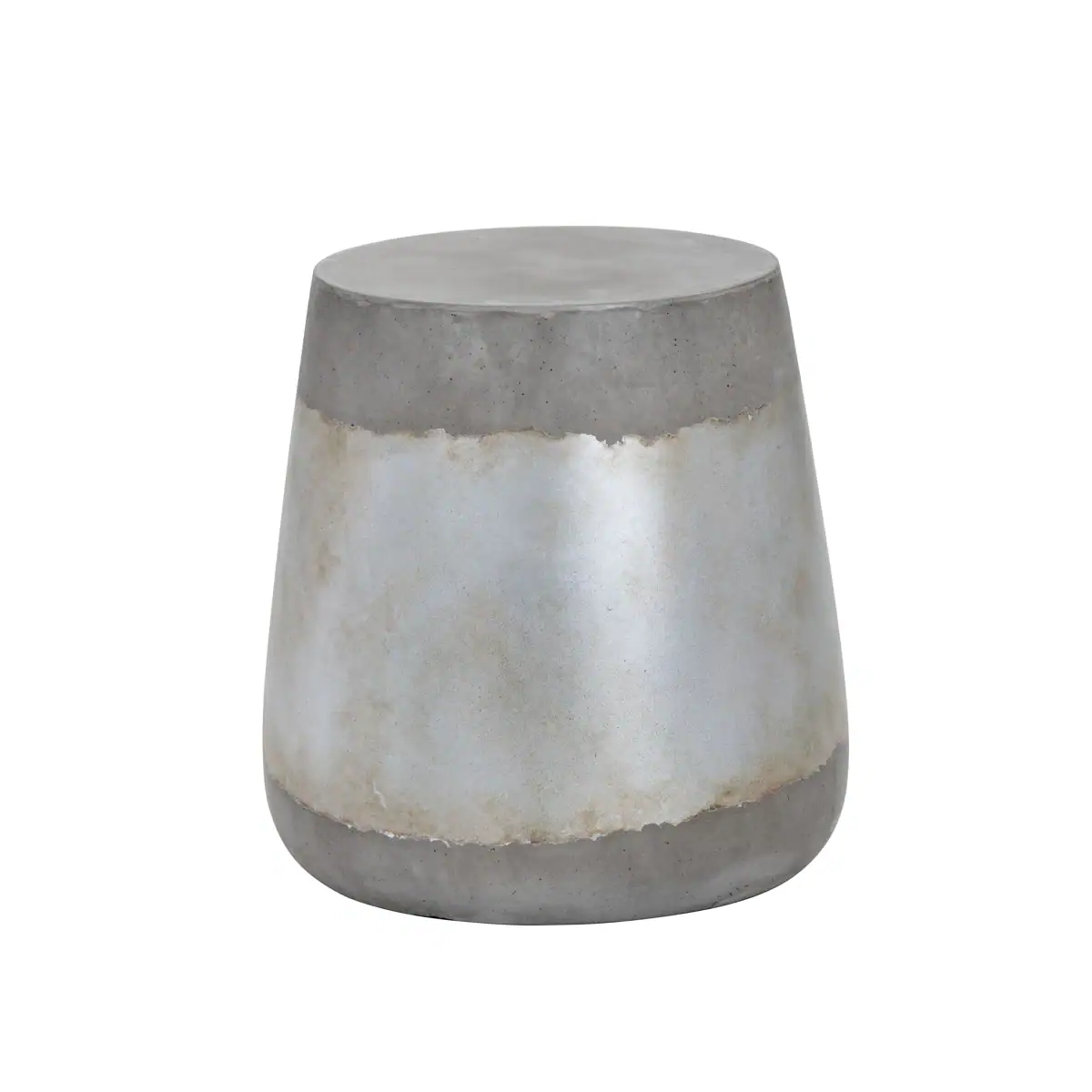 A round, barrel-shaped concrete side table with a smooth, light gray finish and a slightly weathered, metallic band around the middle.