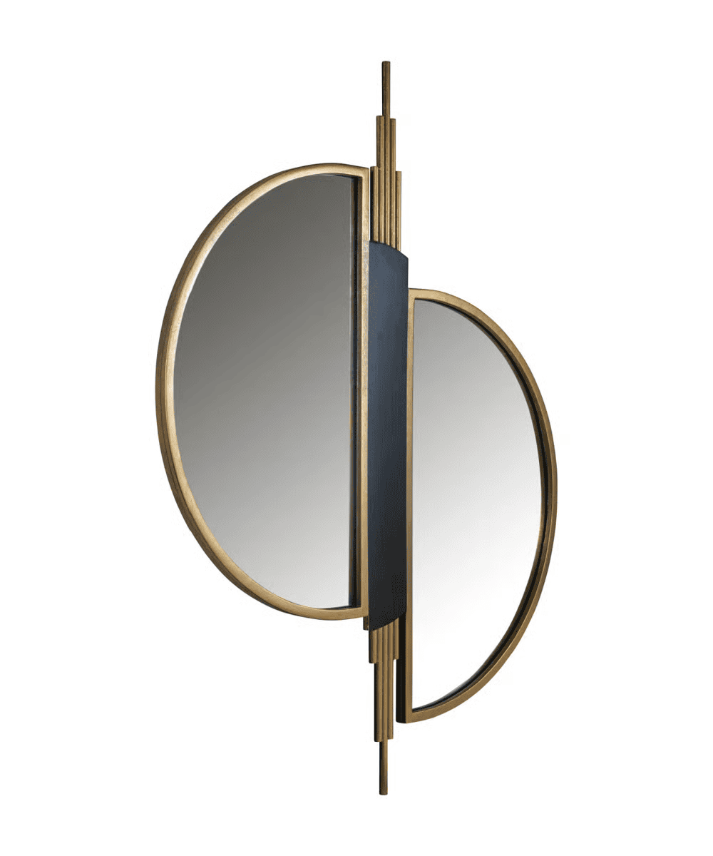 A modern decorative mirror with two overlapping, semi-circular glass sections framed in gold, separated by a vertical black panel and gold rods, creating a geometric, abstract design.