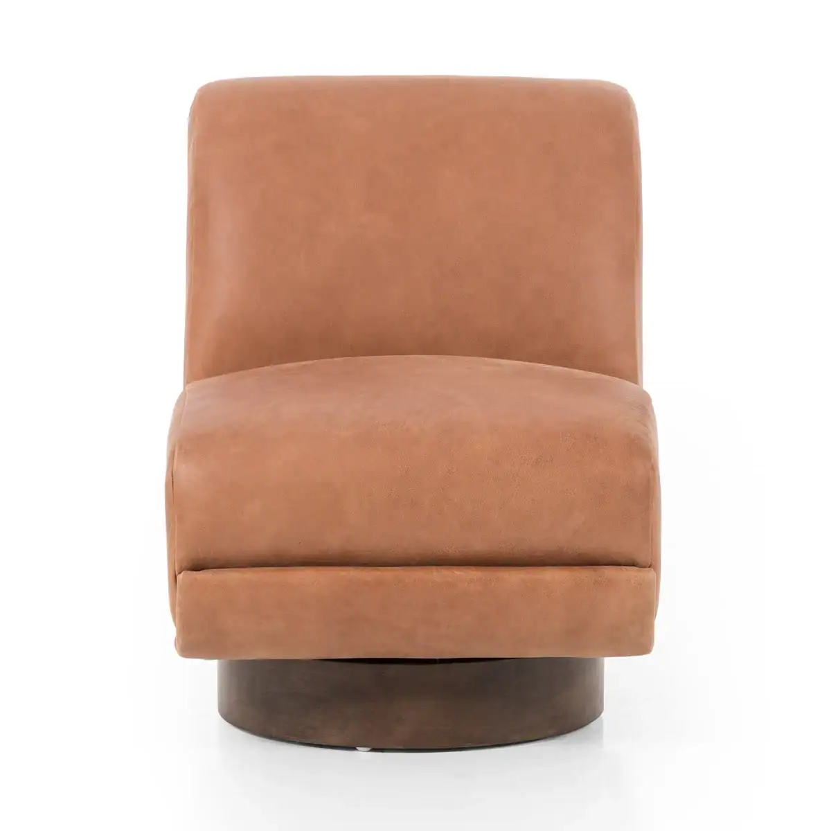 A modern armless chair with tan leather upholstery and a thick cushioned seat, featuring a round, dark wooden swivel base, shown against a white background.