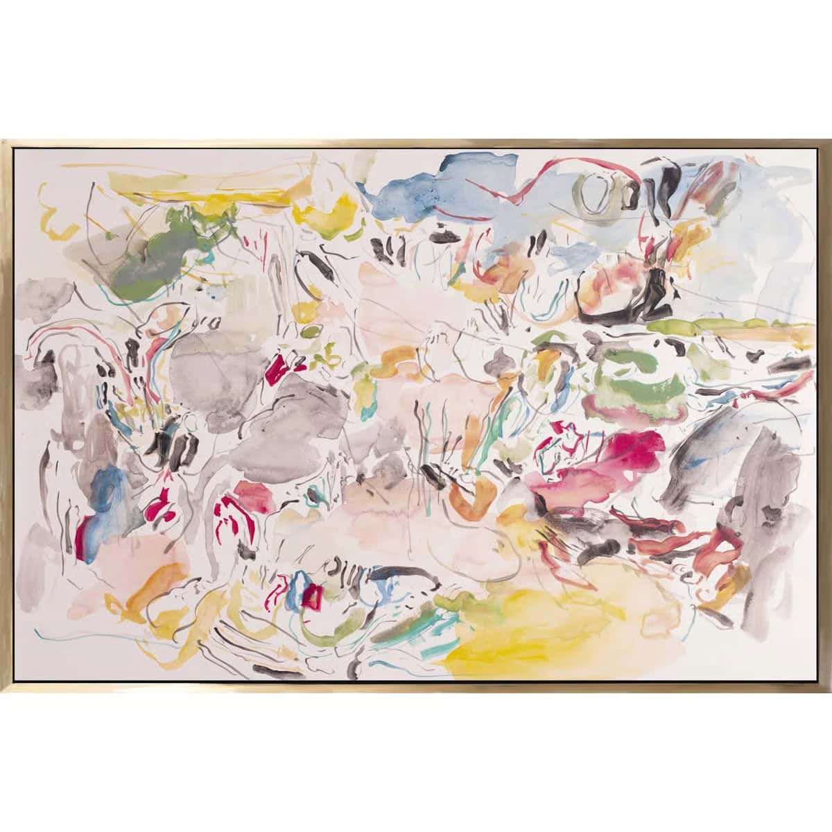 Abstract watercolor painting featuring fluid, overlapping strokes in various colors including yellow, red, blue, green, and gray on a white background, with a gold frame surrounding the artwork.