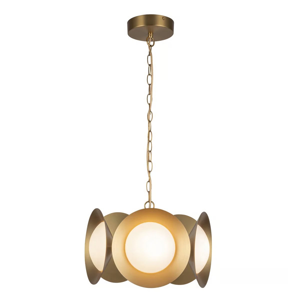 A modern pendant light with a gold chain and round ceiling mount. The fixture features four overlapping gold discs around a central white globe, creating a stylish, geometric design.