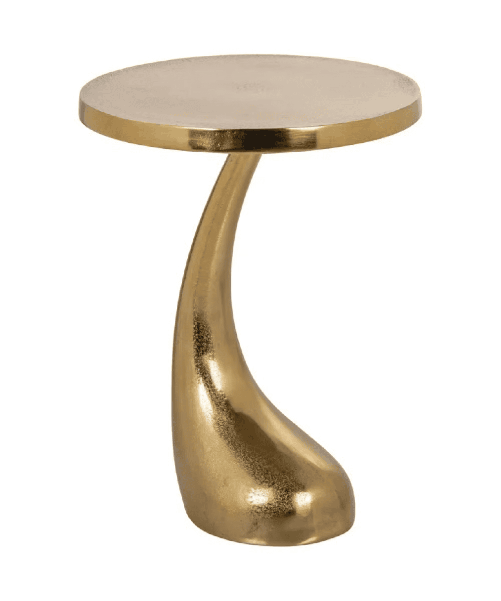 A gold metallic side table with a round top and a sculptural, curving base that tapers and widens at the bottom, giving it a modern, artistic look.