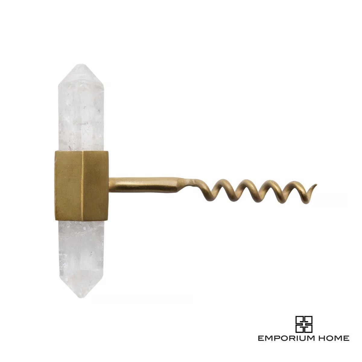A brass corkscrew with a handle made of clear double-pointed crystal, shown on a white background with the Emporium Home logo in the bottom right corner.