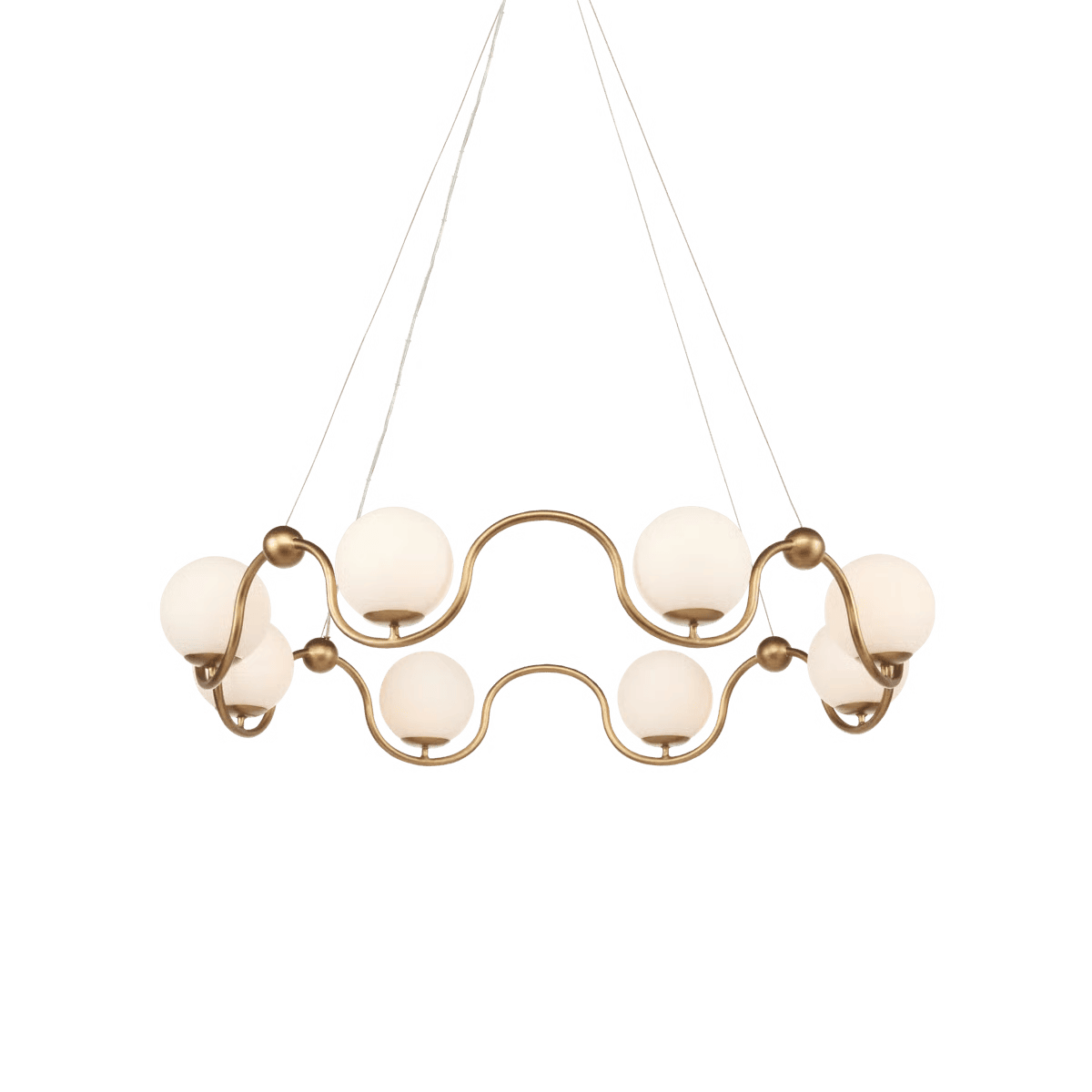 A modern chandelier with a gold wavy frame, featuring eight round white glass globe lights suspended by thin cables against a plain background.