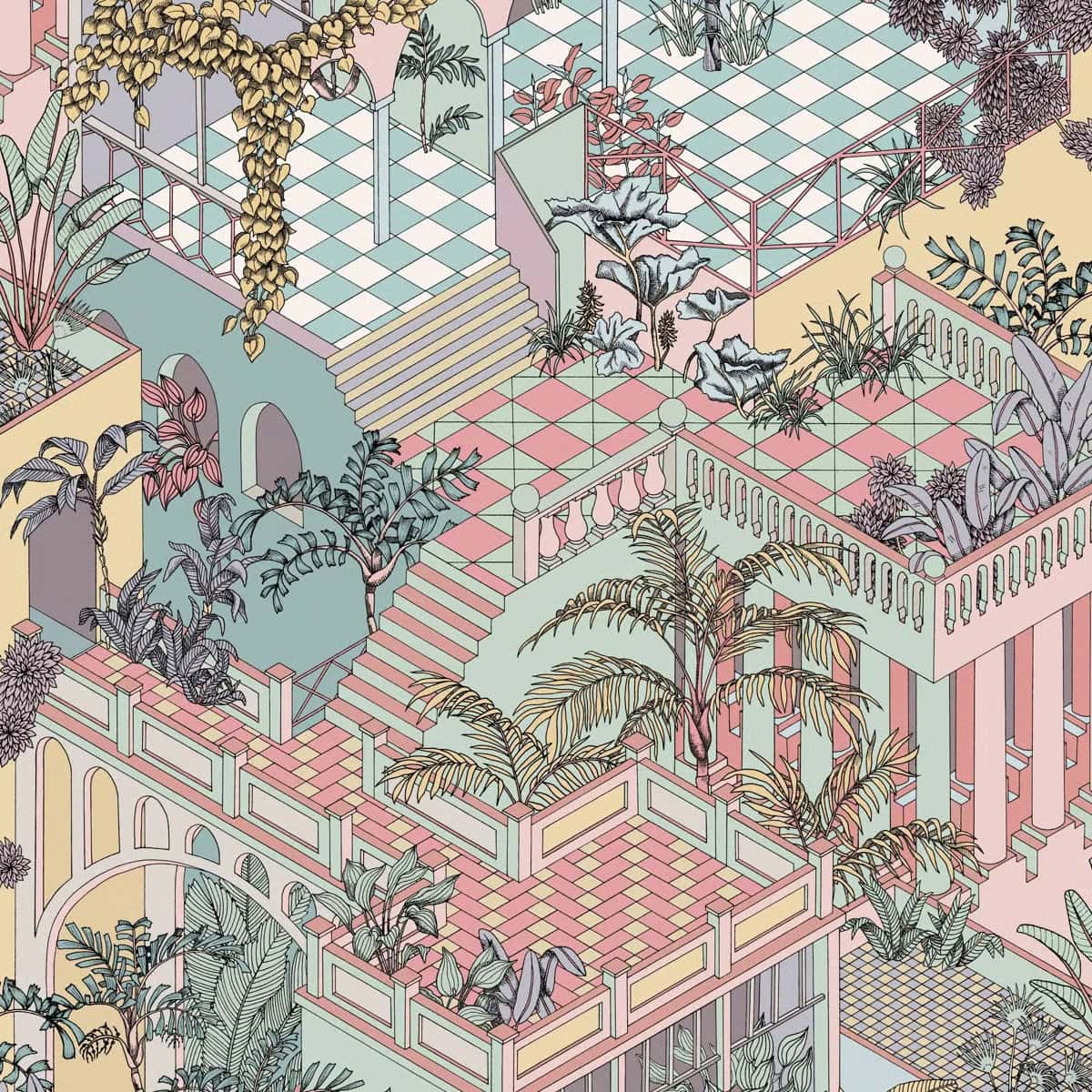 Intricate pastel illustration of a multi-level garden terrace with stairs, checkered tile floors, railings, archways, and lush tropical plants throughout the scene. The colors are soft pink, mint green, yellow, and cream.
