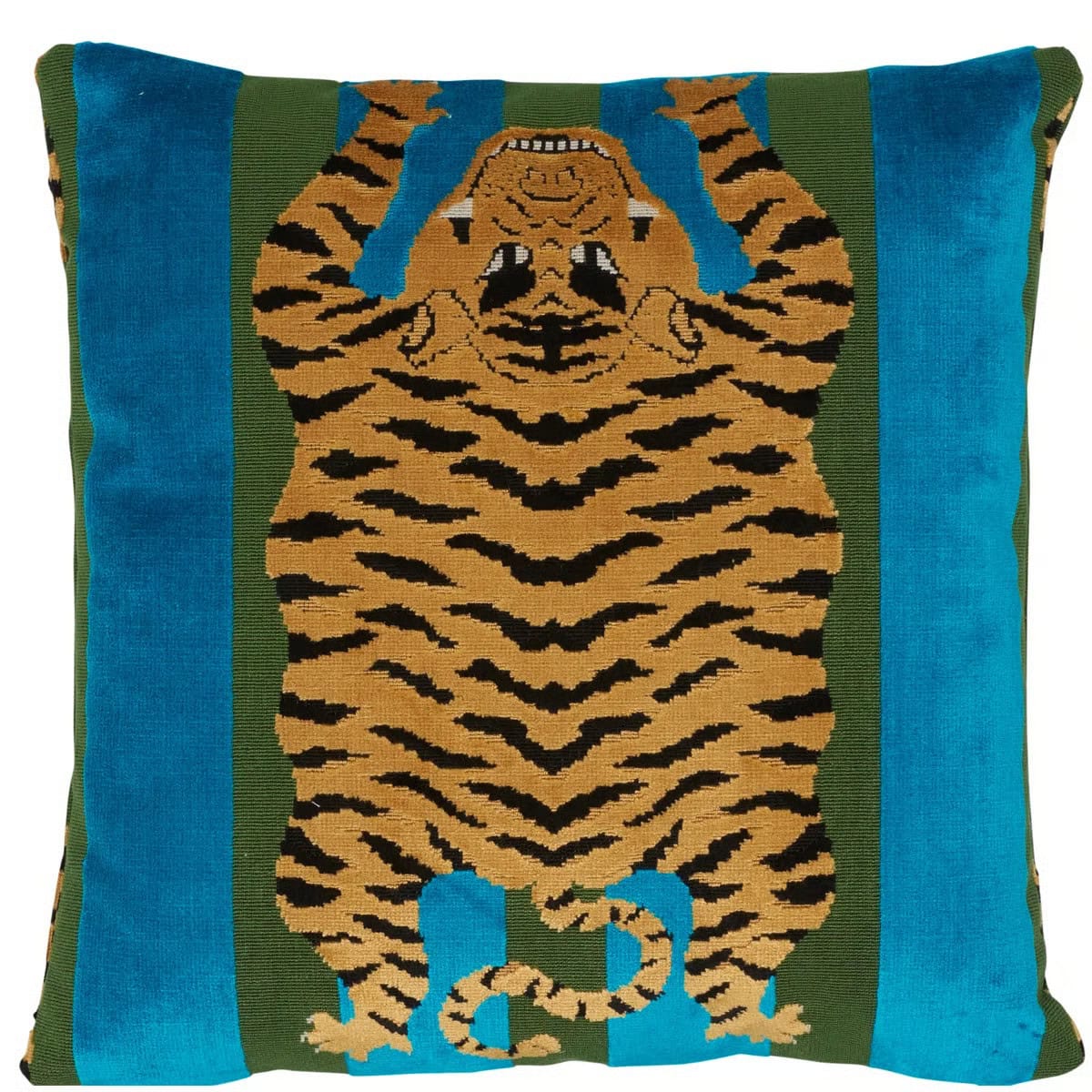 A square pillow featuring a stylized tiger rug design with bold black stripes on a golden-brown background, set against alternating blue and green vertical stripes.