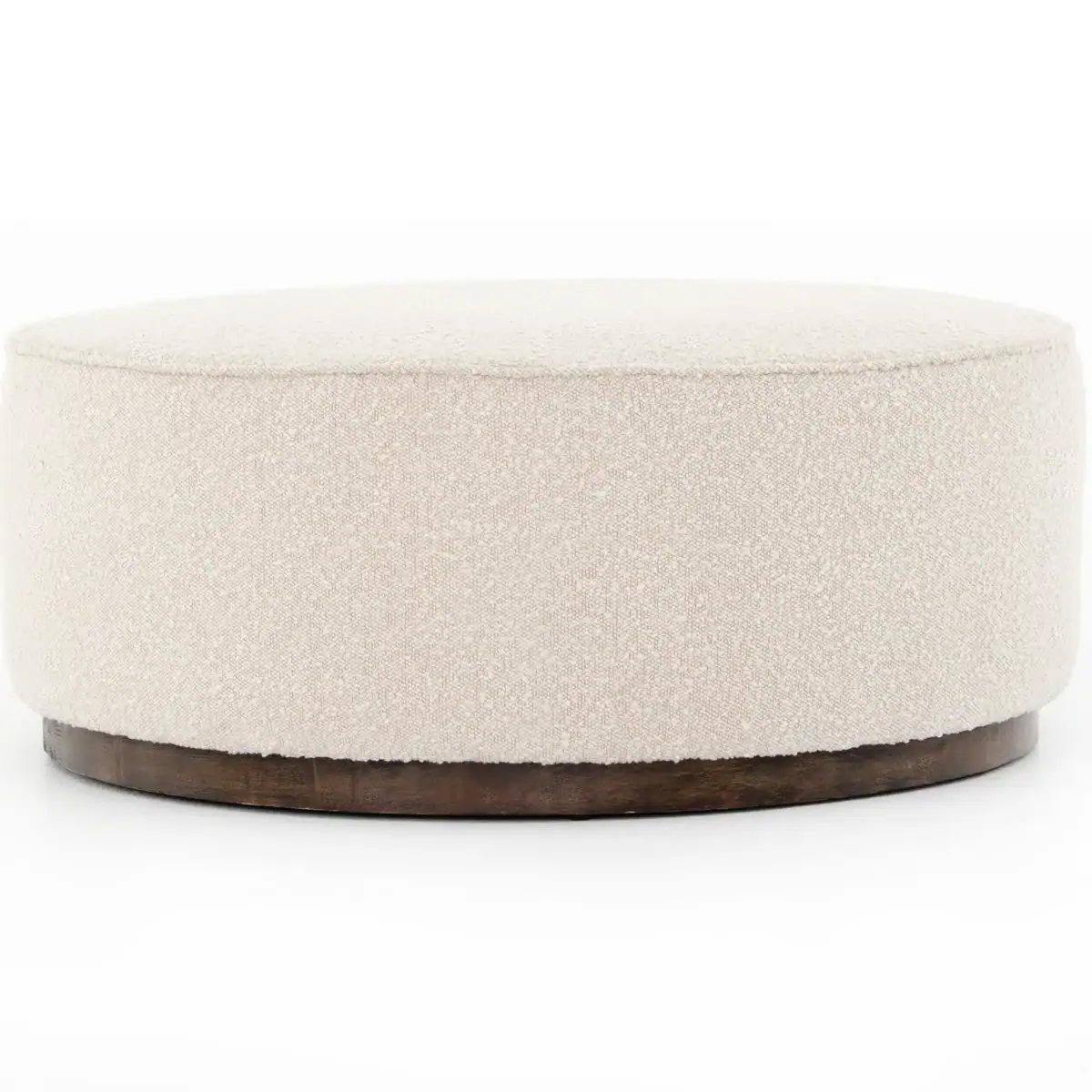 Round, cream-colored ottoman with a textured fabric surface and a dark wooden base, set against a white background.