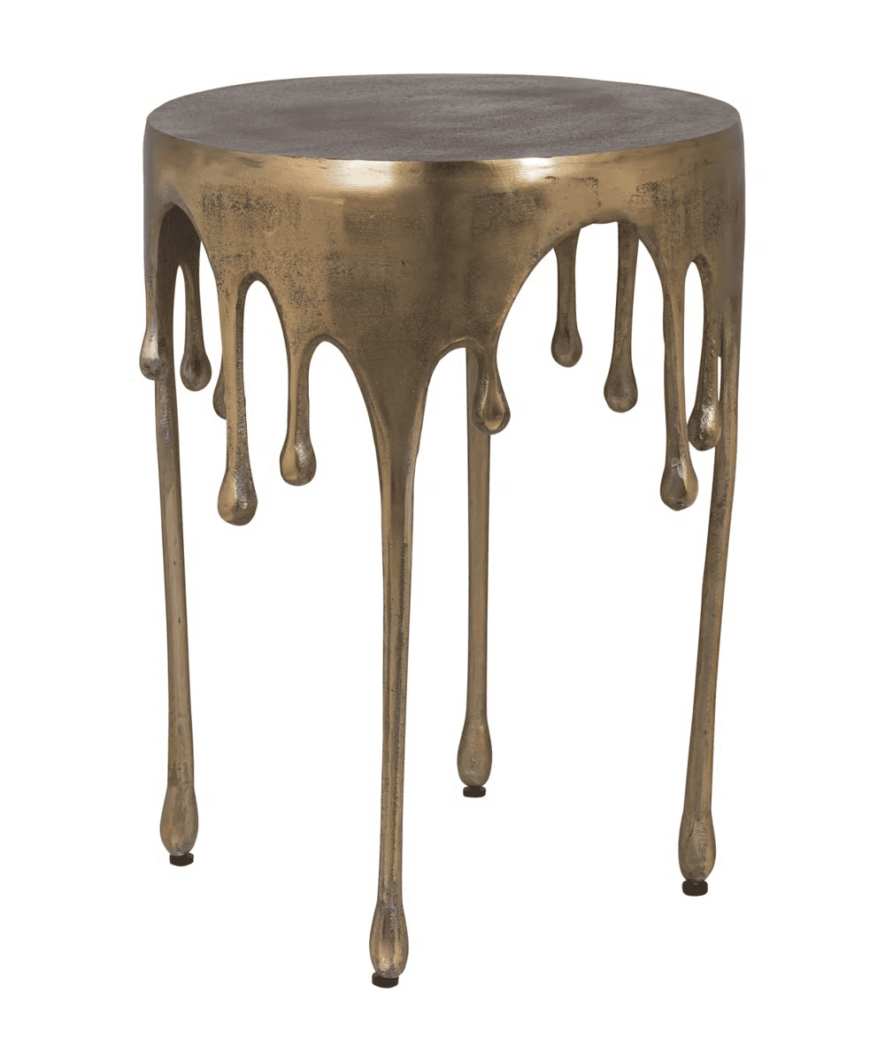 A small round metallic side table with a gold finish, designed to look like liquid metal is dripping down from the tabletop, forming the legs and decorative drips.