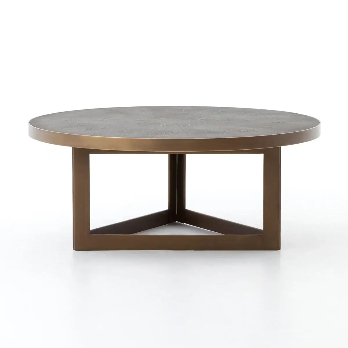 A modern round coffee table with a dark wooden top and a bronze metal base featuring a geometric, triangular support design, set against a plain white background.