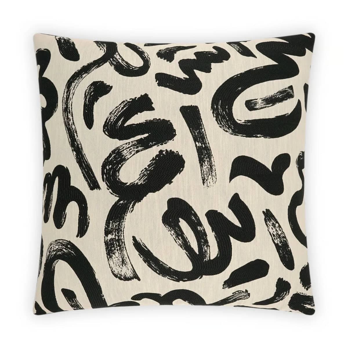 Square throw pillow with a cream background featuring bold, abstract black brushstroke patterns in various curved and wavy shapes across the surface.