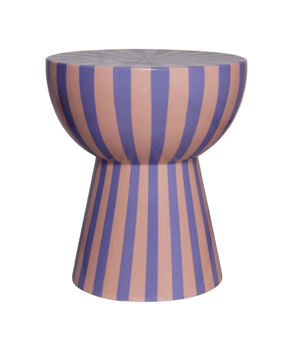 A round ceramic stool with vertical lavender and peach stripes, featuring a wide bowl-shaped top and a tapered base.