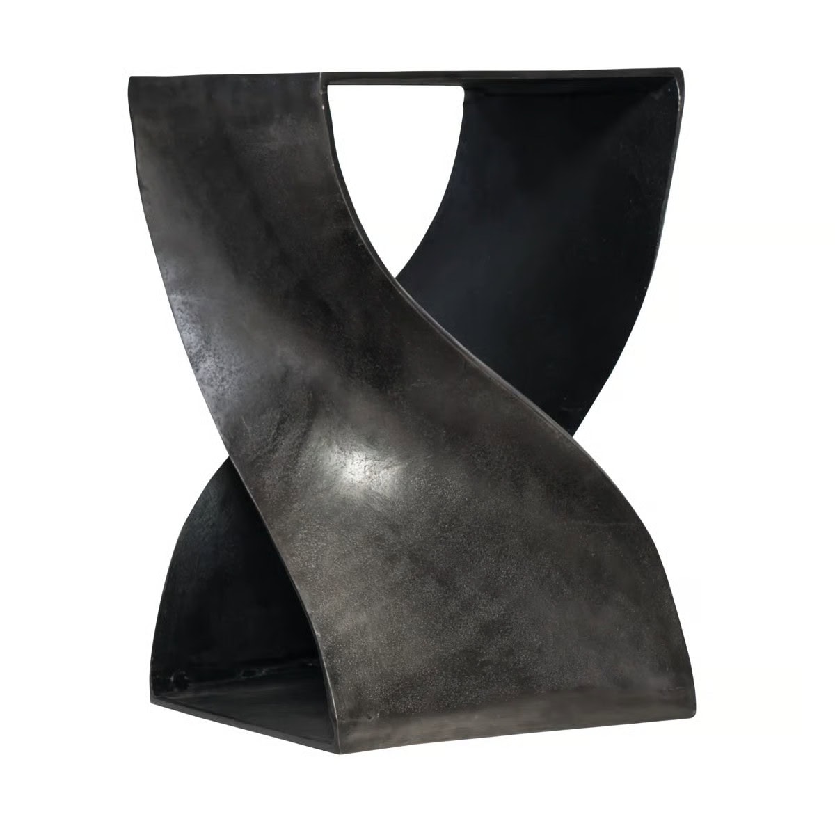 A modern, sculptural side table with a twisted, hourglass shape and a dark, metallic finish. The design features smooth, curved surfaces and a rectangular top and base.