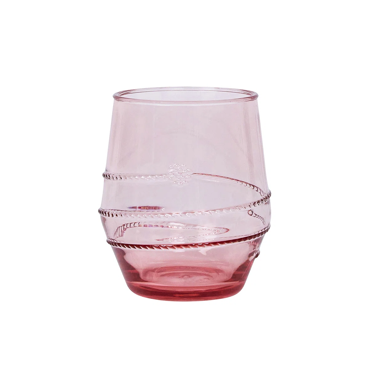 A clear pink drinking glass with decorative, raised spiral patterns wrapping around the middle section.