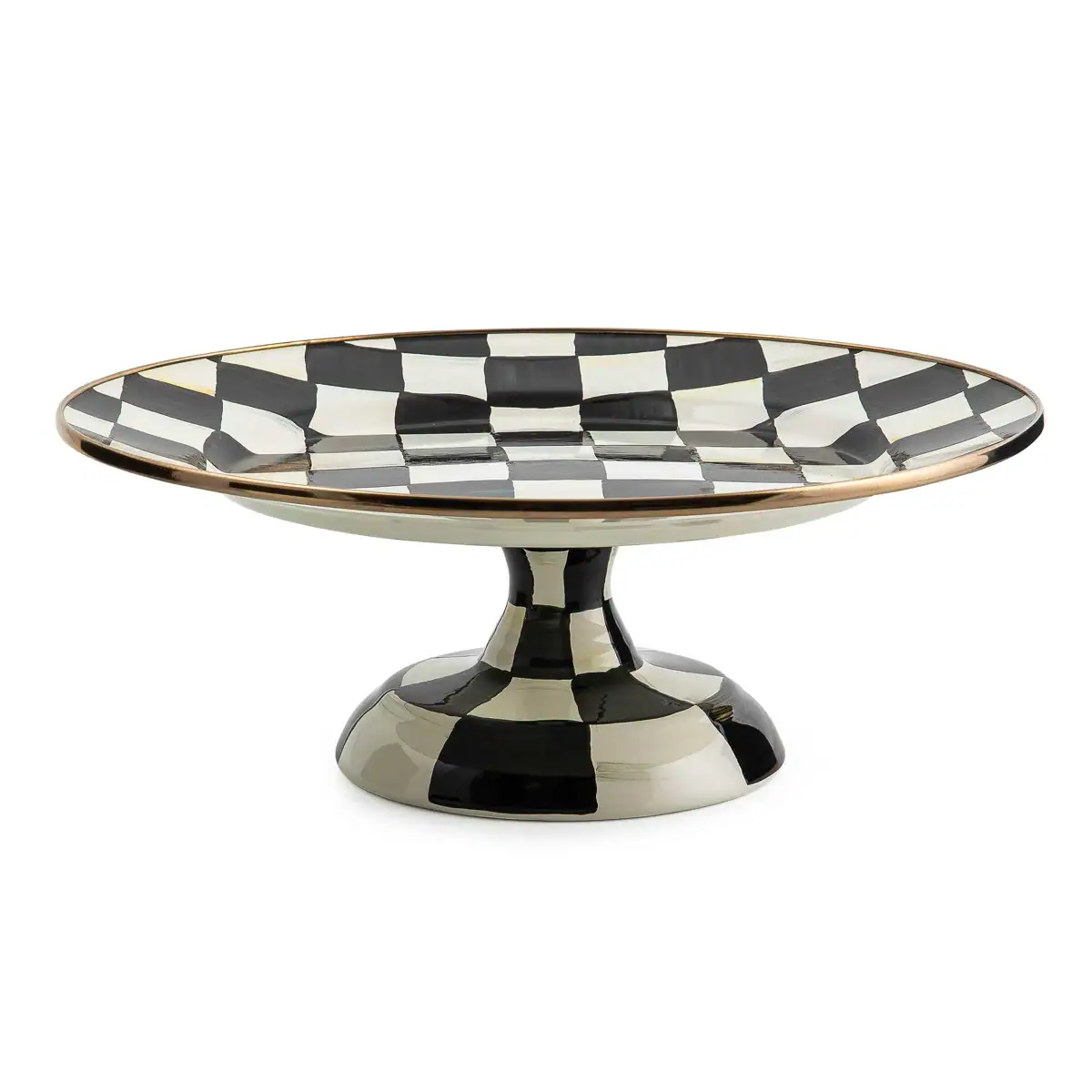 A ceramic pedestal cake stand with a black and white checkerboard pattern and a gold rim, displayed on a plain white background.