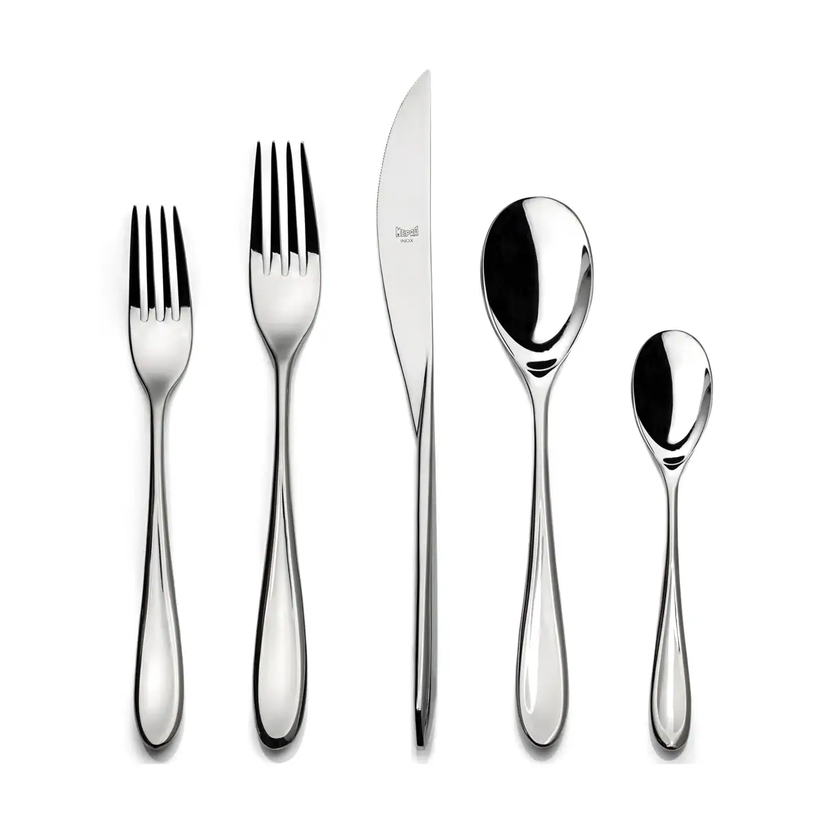 Five pieces of shiny stainless steel cutlery are arranged vertically on a white background: a salad fork, a dinner fork, a knife, a soup spoon, and a teaspoon.
