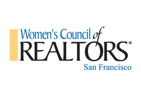Logo For The Women’s Council Of Realtors San Francisco, Featuring Stylized Blue And Black Text And A Vertical Gold Bar On The Left.