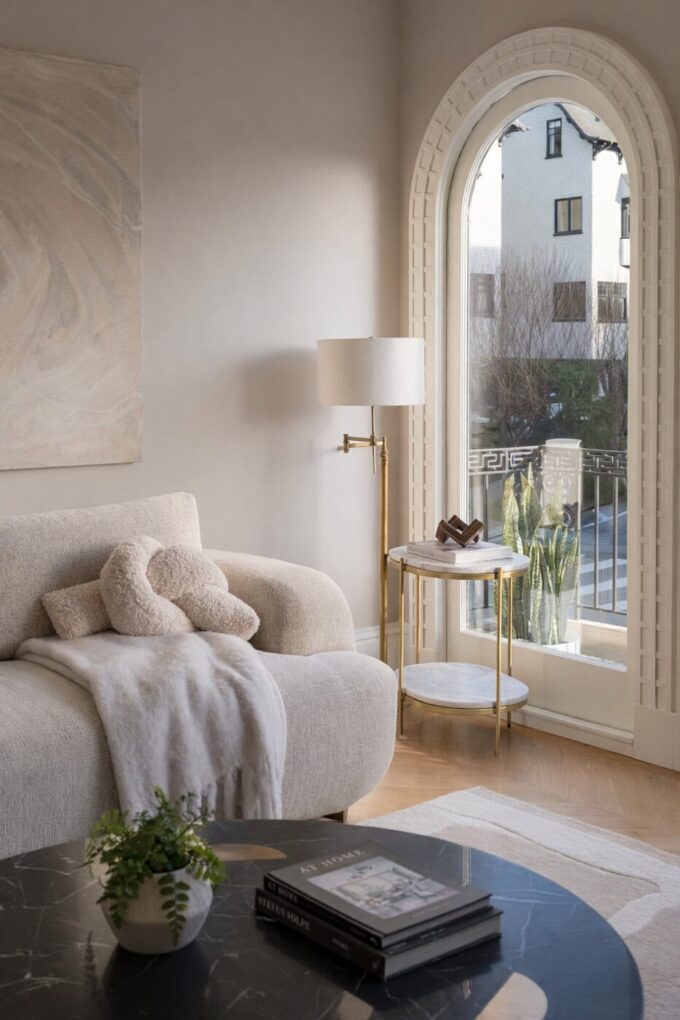 A cozy, modern living room with a cream-colored sofa, textured throw and pillow, a round black coffee table with books and a plant, a side table with a lamp and decor, and a large arched window letting in natural light.