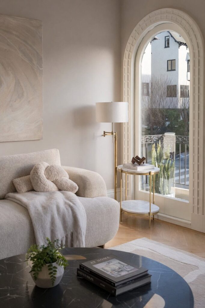 A Cozy, Modern Living Room With A Cream-Colored Sofa, Textured Throw And Pillow, A Round Black Coffee Table With Books And A Plant, A Side Table With A Lamp And Decor, And A Large Arched Window Letting In Natural Light.